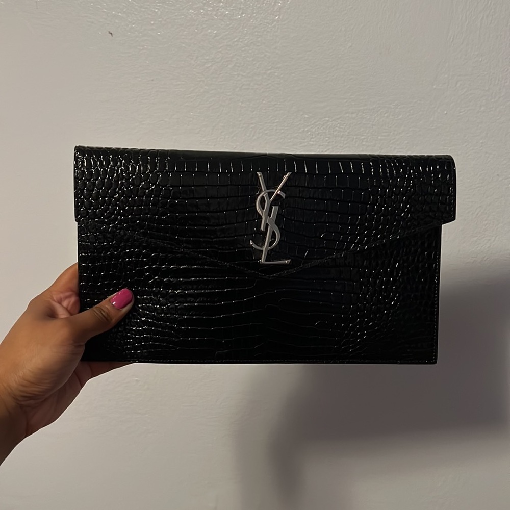 YSL UPTOWN POUCH IN CROCODILE EMBOSSED SHINY LEATHER- black authentic .
